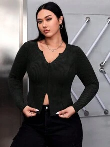 SHEIN EZwear Women'S Plus Size Notched Neckline Slit T-Shirt - Black - View 5