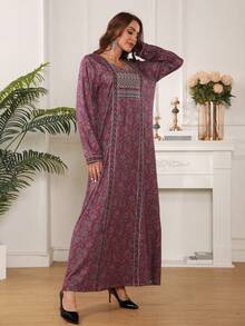 Tunika-kleid Mit Blumen-druck - Bordeaux - Übersicht 4
