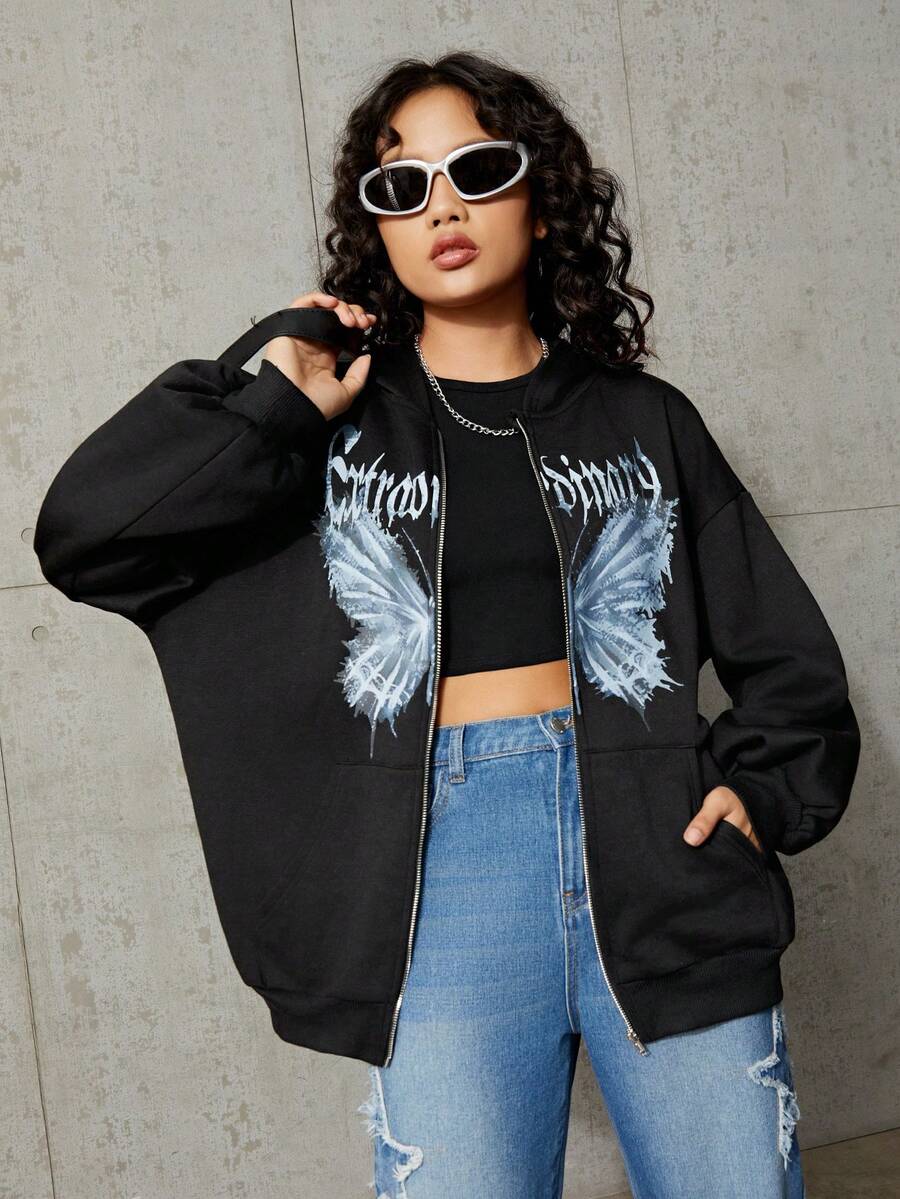 SHEIN Thiếu niên Cô gái Bướm & Chữ in Áo nỉ có mũ - màu đen - Xem 1