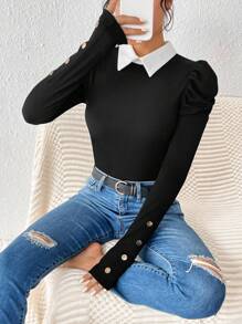 SHEIN Privé Polo 領泡泡袖羅紋 T 卹 - 黑色 - 查看 1