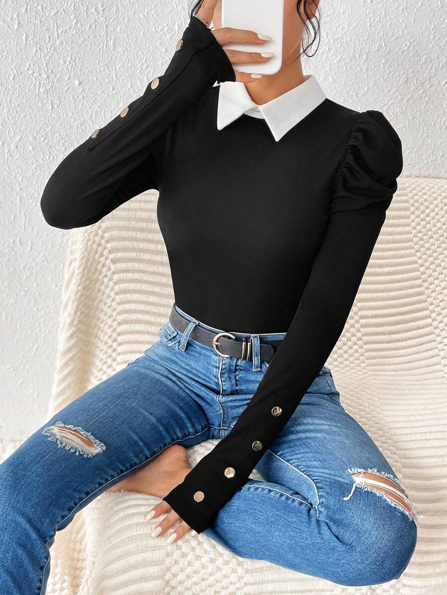 SHEIN Privé Polo 領泡泡袖羅紋 T 卹 - 黑色 - 查看 1