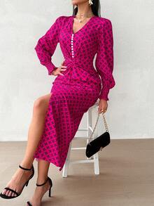 SHEIN Privé Women's Full Printed Twist Knot Dress With Random Patterns - Hot Pink - View 6