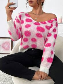 SHEIN Unity Áo len chui đầu cổ chữ V dáng tròn, cỡ lớn, chất liệu dệt kim, thích hợp mặc mùa thu đông. - Hồng - Xem 2