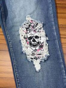 Plus Size Women Skull Print Distressed Denim Jeans - Blue - View 7