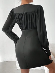 SHEIN Privé Women's Pleated Button Detail Dress - Black - View 2