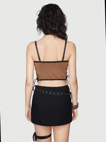 ROMWE Grunge Punk Vintage Y2K Leather Patchwork Front Lace-Up Design Women's Slip Camisole - Coffee Brown - View 5