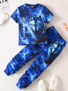 SHEIN 2 Pièces T-shirt De Sport À Manches Courtes Pour Garçons Pré-ados Et Pantalon Long, Vêtements De Sport Et Décontractés