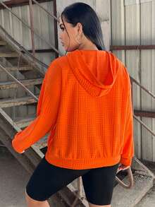 SHEIN EZwear 女士加大碼束口連帽紋理面料連帽衫 - 橘色 - 查看 2