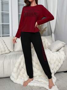 SHEIN 女士勃艮第休闲针织面料圣诞图案圆领睡衣套装，适合冬季家居服和睡衣，中等弹力常规袖长，舒适优雅的细节，秋季服装 - 酒紅色 - 查看 3