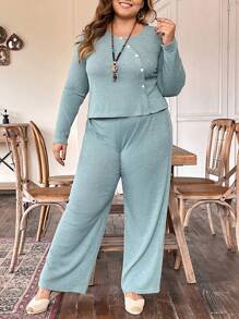 EMERY ROSE Conjunto De Pantalón Y Top Corto Liso De Talla Grande - verde menta - Ver 1