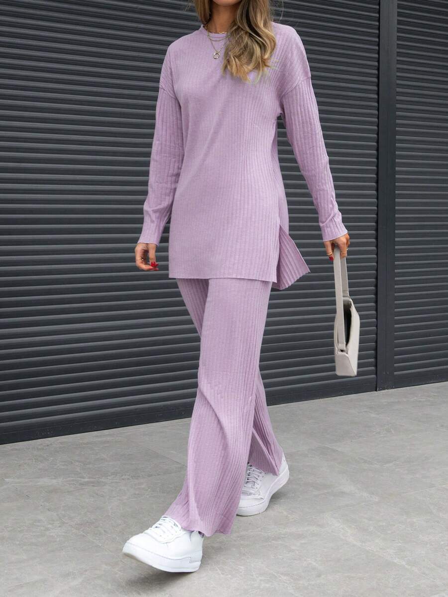 EURMUSE Women's Split Front T-shirt And Pants Two Piece Set - Purple - View 1