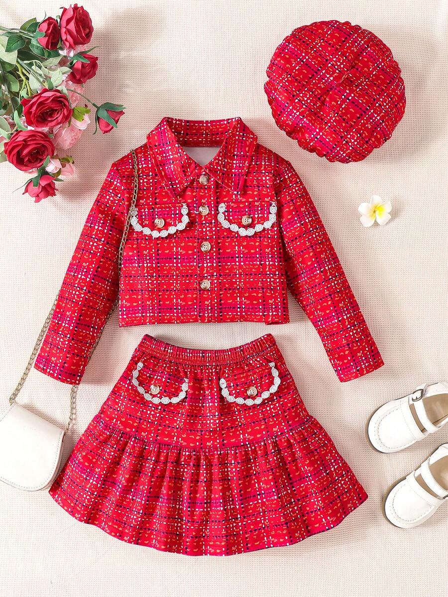 SHEIN 2 cái/bộ Cô gái Kiểm tra in Vòng cổ Áo len Mở Với Hoa Đồ trang trí Túi giả Áo Và Giải trí Xù Hoa Sen Váy Đối với Mùa Thu Với mũ - Đỏ - Xem 1