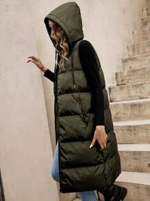 SHEIN Frenchy Áo khoác có mũ trùm đầu có dây rút phía trước có khóa kéo - xanh quân đội - Xem 2