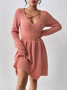 SHEIN LUNE 女款交叉高領毛衣洋裝 - 藕粉色 - 查看 3