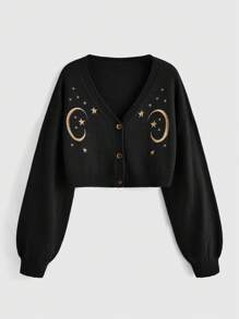 Hippie 女士月亮星星刺繡開衫 - 黑色 - 查看 1