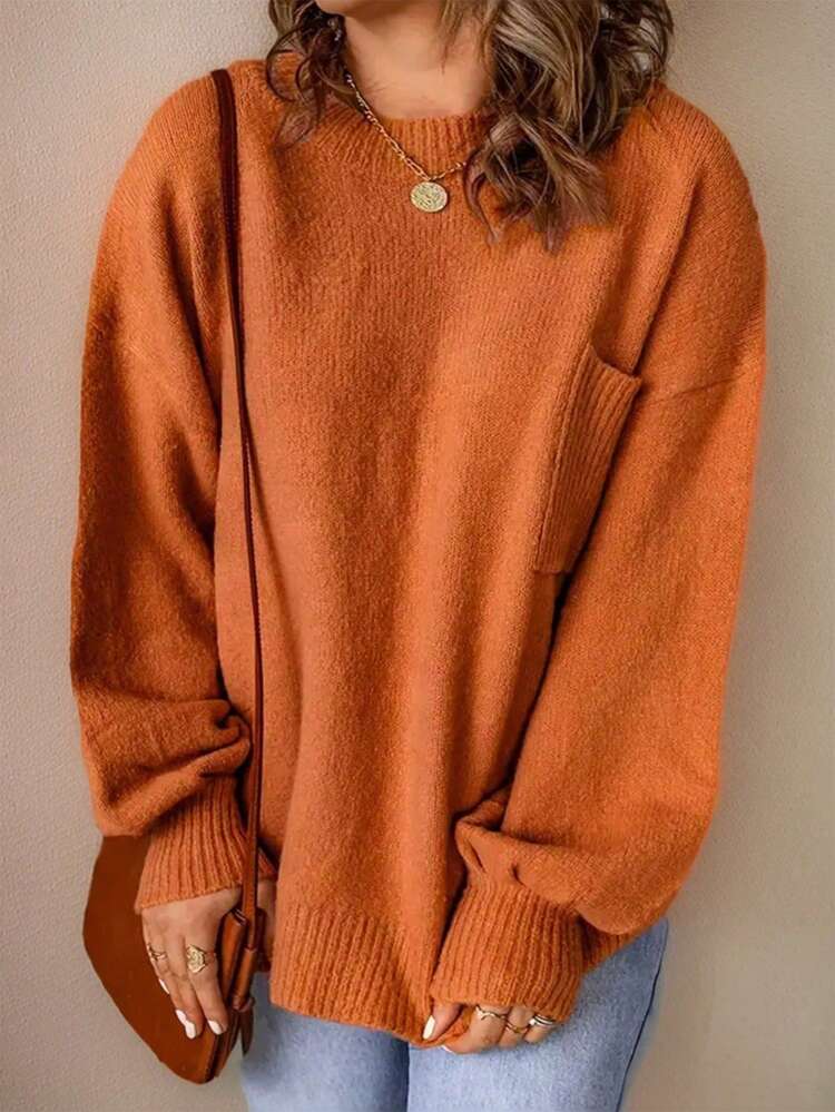 Plus Drop Shoulder Pocket Patched Sweater Knit Pullover Fall Winter Sweater