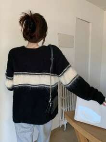 Dazy Star Women's Striped Colorblock Sweater - Black - View 8