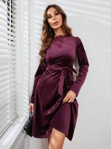 GENKIRA Ren Vá lại Thắt lưng Tay áo dài Của phụ nữ Đầm - Màu Đỏ Sâu - Xem 5