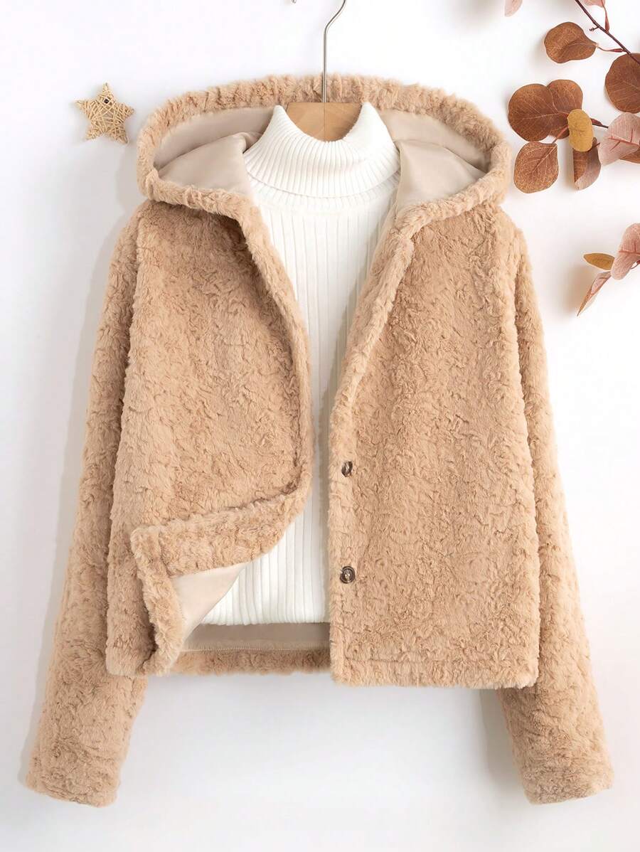 Teen Girls' Hooded Winter Jacket With Thermal Lined - Apricot - View 1
