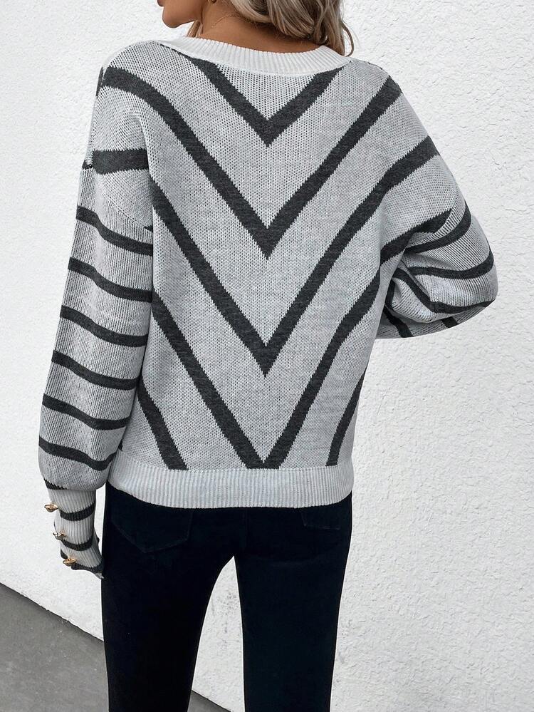 Long Sleeve Oversized Sweater With V Pattern