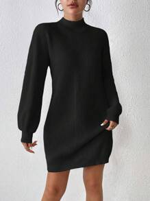 Chiquease Fashionable Versatile Stand Collar Fine Rib Knit Dress Without Belt - Black - View 4
