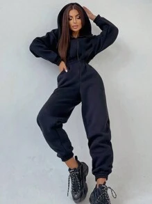 SHEIN EZwear 女款純色帽t長袖連身褲 - 藏蓝色 - 查看 2