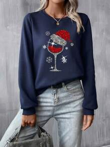 SHEIN LUNE Christmas Print Round Neck Sweatshirt - Navy Blue - View 4
