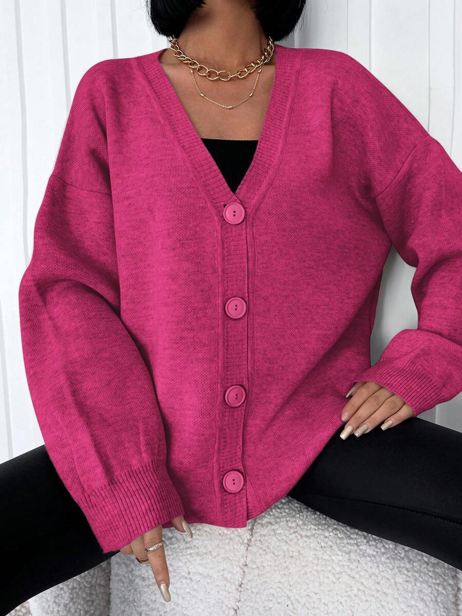 EURMUSE Women's Solid Color Drop Shoulder Button Down Cardigan - Pink - View 1