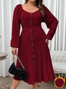Franclia Plus Sweetheart Neck Lantern Sleeve Single Breasted Dress, Burgundy Women Outfit