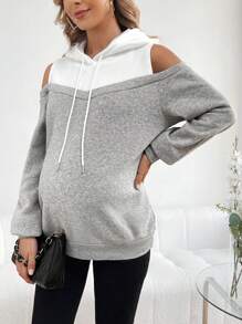 SHEIN Thai sản Khối màu Vai lạnh Dây rút Áo nỉ có mũ - Nhiều màu - Xem 1