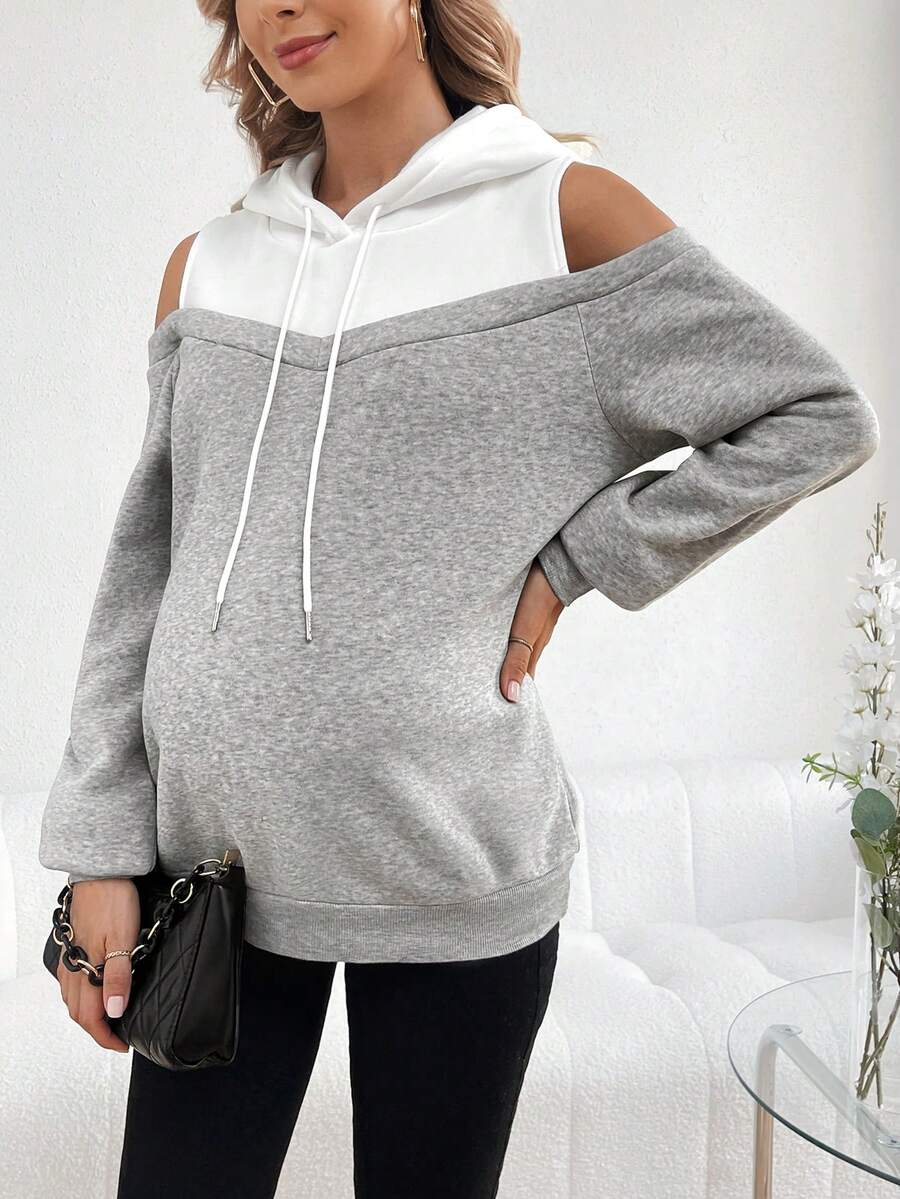SHEIN Thai sản Khối màu Vai lạnh Dây rút Áo nỉ có mũ - Nhiều màu - Xem 1