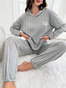 女性純色袋鼠口袋連帽家居服套裝 - 淺灰色 - 查看 1