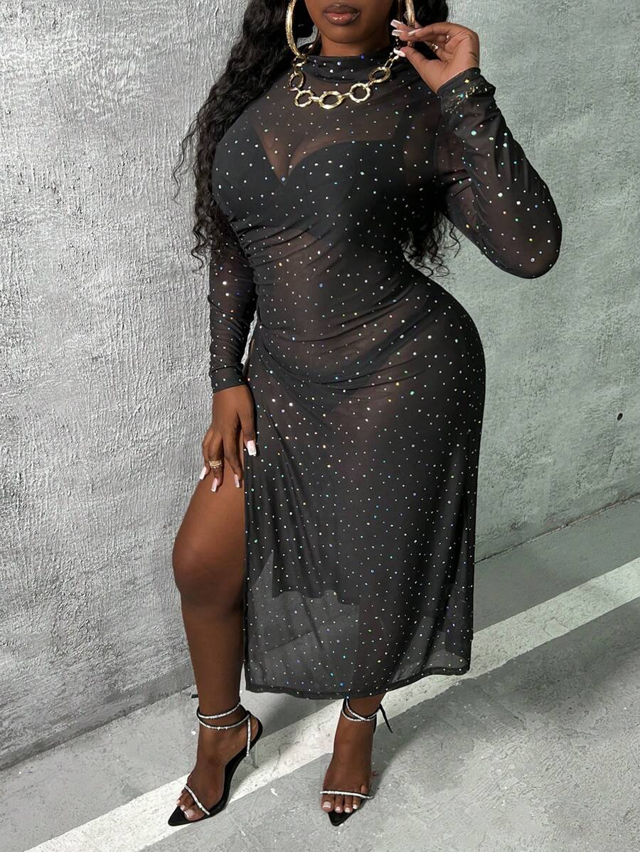 Slaydiva Plus Rhinestone Split Thigh Mesh Top - Black - View 1