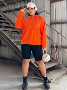 SHEIN EZwear 女士加大碼束口連帽紋理面料連帽衫 - 橘色 - 查看 4