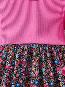 SHEIN Young Girl Round Neck Floral Patchwork Tutu Dress - Hot Pink - View 3