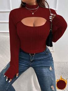 Calvaya Plus Cut Out Mock Neck Tee - Burgundy - View 1