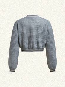 SHEIN EZwear Striped Trim Drop Shoulder Crop Bomber Jacket - Grey - View 2