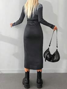 EURMUSE Turtleneck Ribbed Knit Bodycon Sweater Dress - Dark Grey - View 2