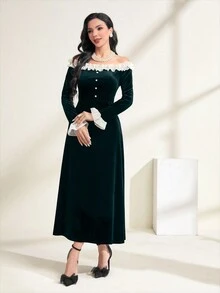 Modelyn Women's Spliced Frill Hem Off Shoulder Dress With Flounce Sleeve, Belt Not Included - Dark Green - View 3