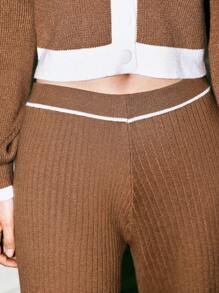 SHEIN Frenchy Contrast Trim Ribbed Knit Pants Winter Brown - Khaki - View 5