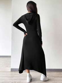 SHEIN EZwear 黑色v領帽裝時尚女裝連衣裙 - 黑色 - 查看 2