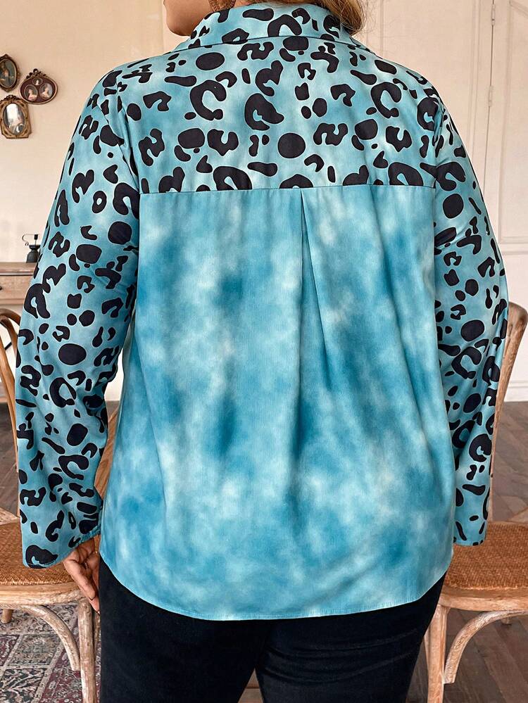 Plus Size Women's Leopard Print Patch Pocket Shirt