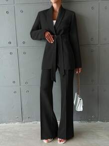 EURMUSE Women's Solid Color Suit With Belted Coat And Pants - Black - View 1