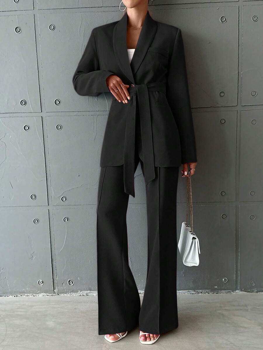 EURMUSE Women's Solid Color Suit With Belted Coat And Pants - Black - View 1