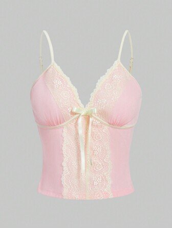 Fairycore Top Camisola Rosa Con Cuello En V Y Encaje Floral