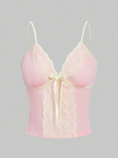 Fairycore Rosafarbenes Camisole-top Aus Strick Mit Blumenspitze Und V-ausschnitt