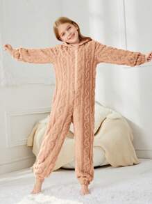 SHEIN Cô gái Dệt kim Màu thuần Dệt hoa Lông cừu áo có mũ Lỏng lẻo phù hợp Một miếng Áo liền quần Đối với Nhà  Mặc - Lạc đà - Xem 4