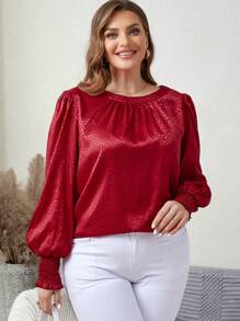 Stone Pattern Lantern Sleeve Plus Size Shirt - Burgundy - View 1