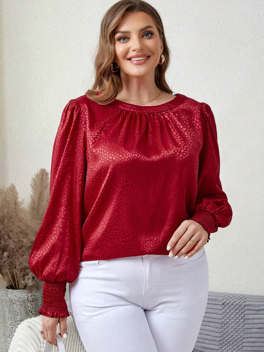 Stone Pattern Lantern Sleeve Plus Size Shirt - Burgundy - View 1