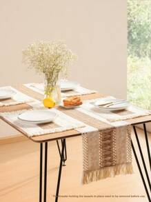 SHEIN Basic living 1Pc Linen Blend Table Runner Placemat With Geometric Tassel Design For Kitchen Dining Table - Multicolor - View 2